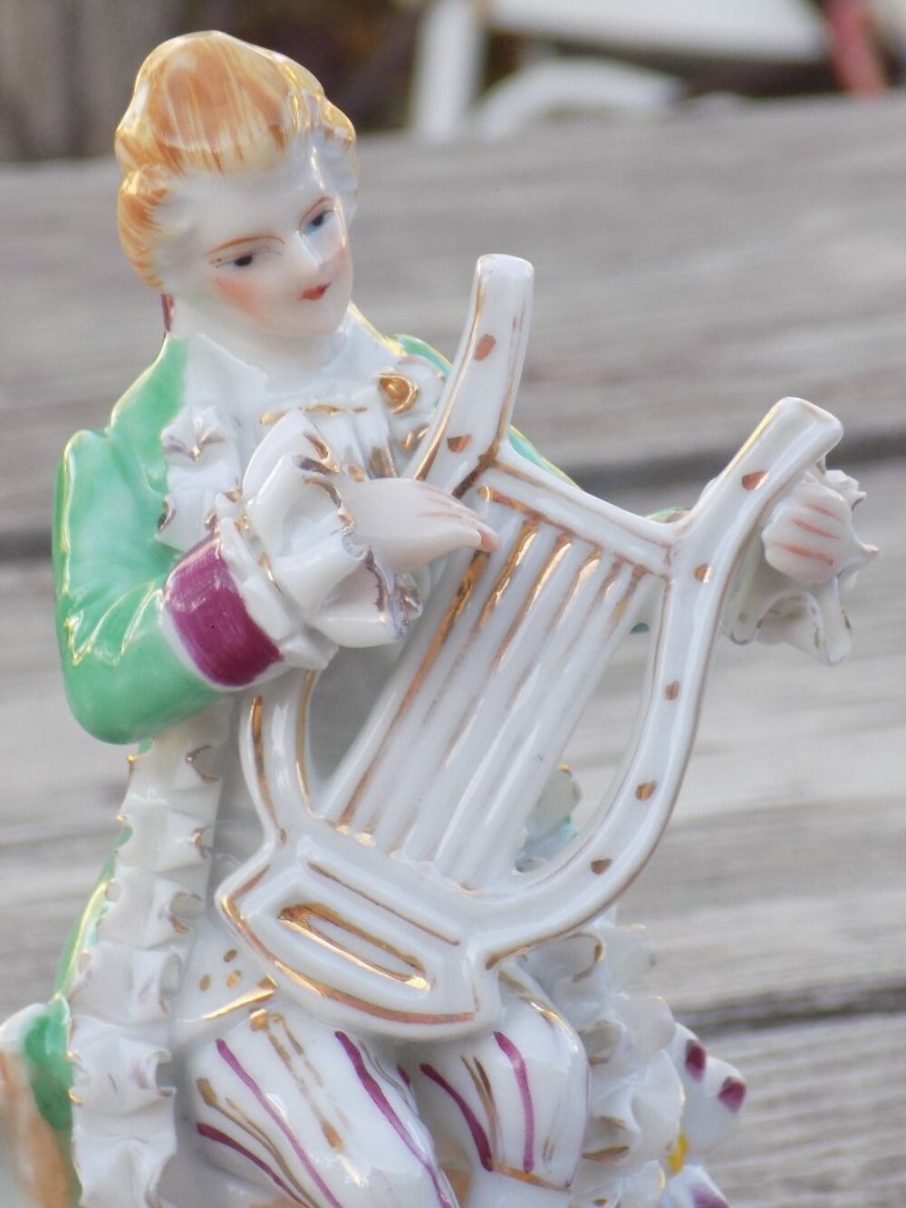CHINA LACE Figurine Man w Ear Lyre Harp, Marked On Bottom, Vintage *